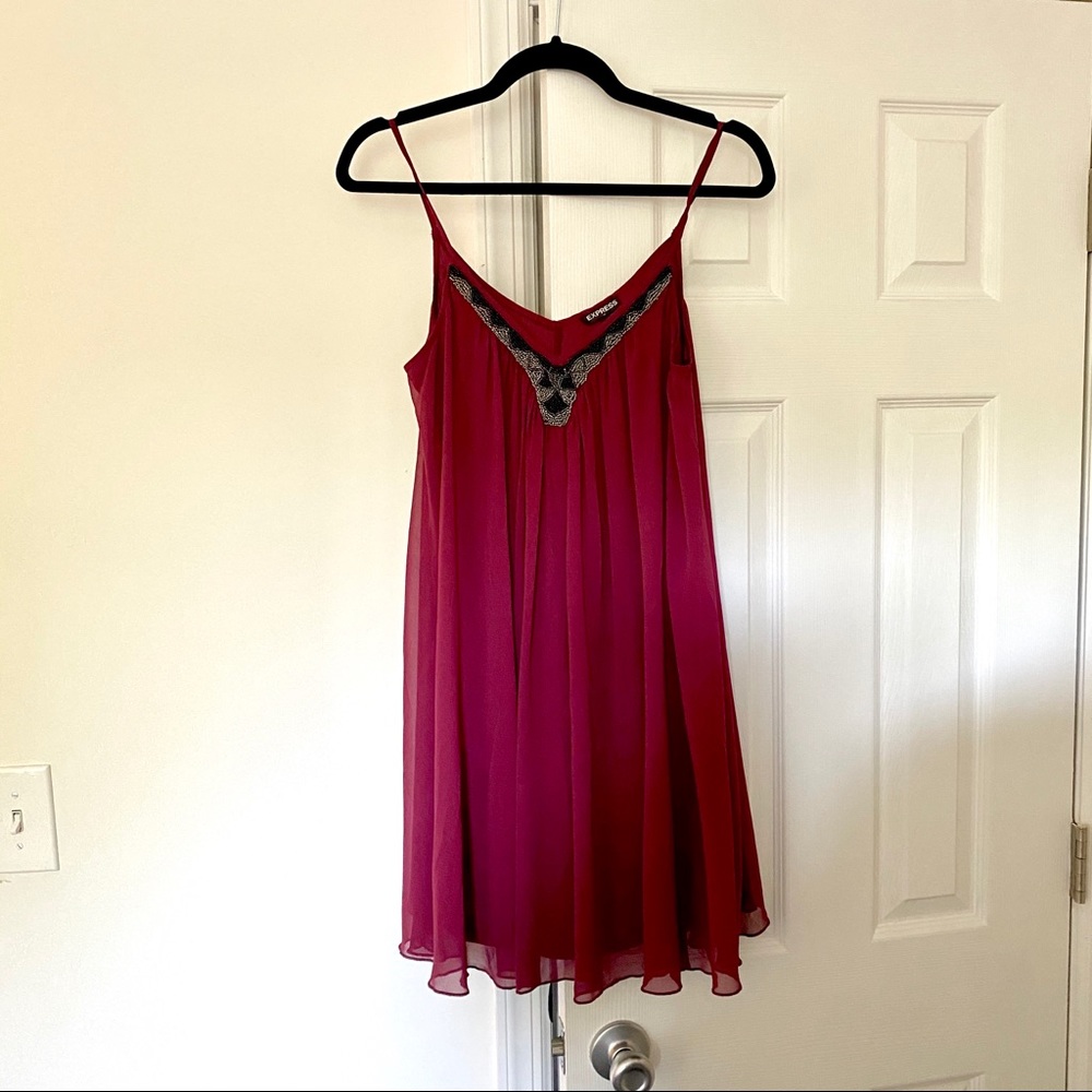 Express-  Chiffon Trapeze Beaded Flowy Mini Dress